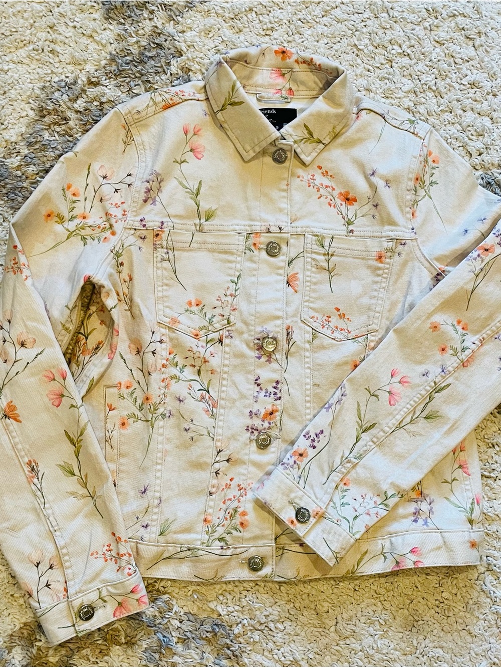 Friends Like These Cream Floral Print Collared Denim Jacket